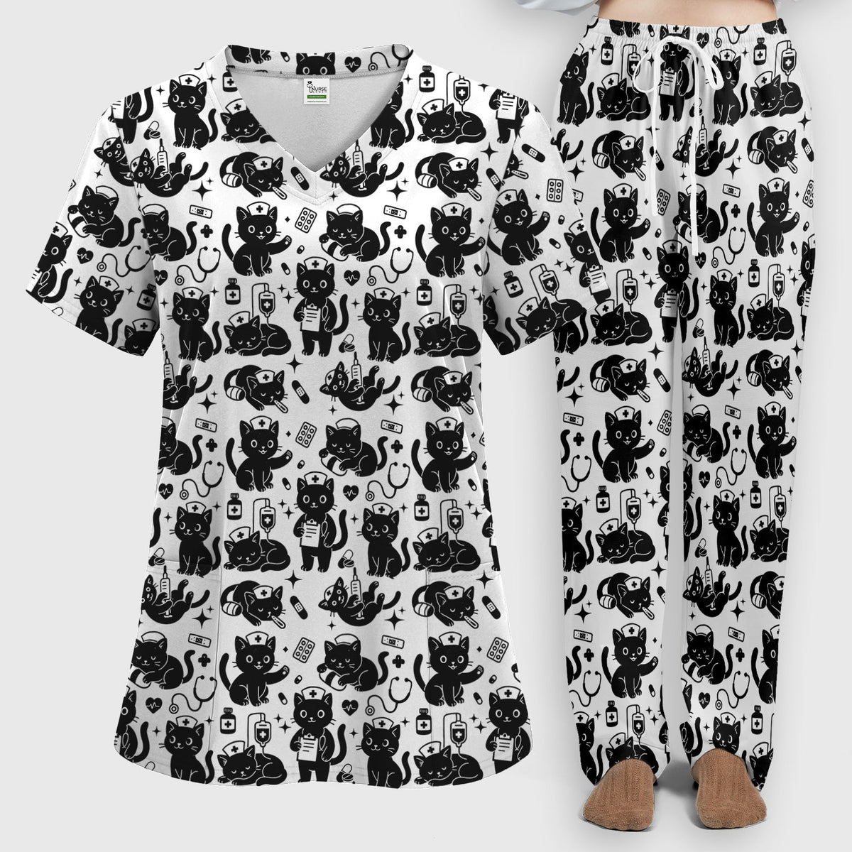 Cute White Black Cat Nurse Scrub Set