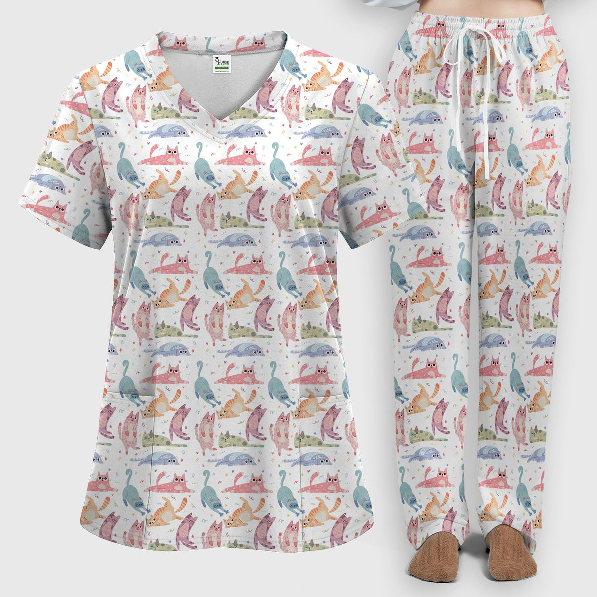 Funny Pastel Cat Pattern Medical Scrub Set, Breathable Fabrics Nursing Uniform
