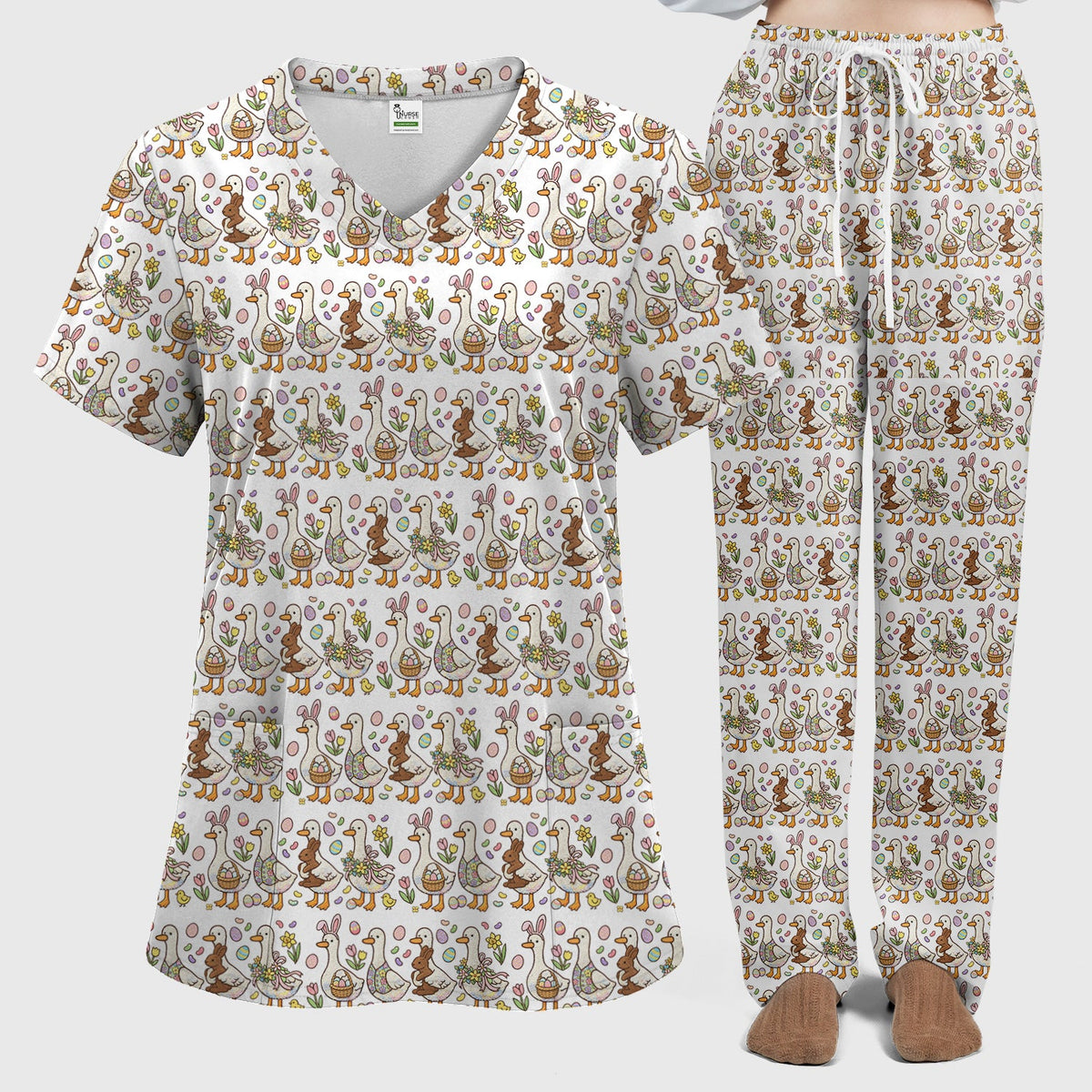 Duck Bunny Egg Floral Nurse Scrub Set - Easter Gift
