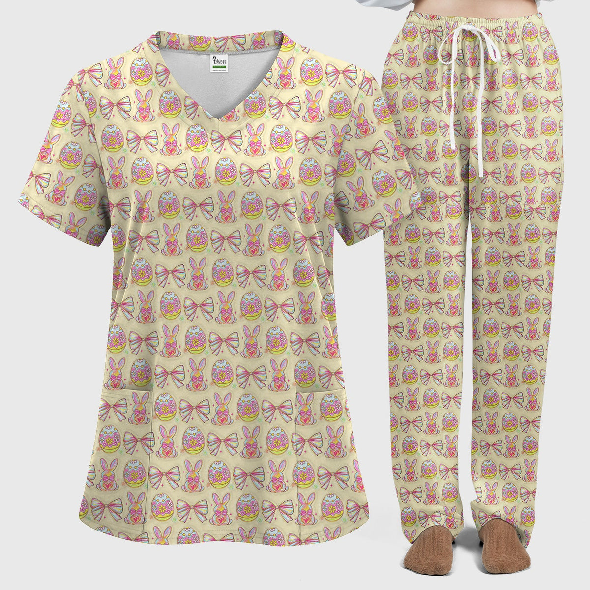 Bunny Pastel Egg Bow Nurse Scrub Set - Easter Gift