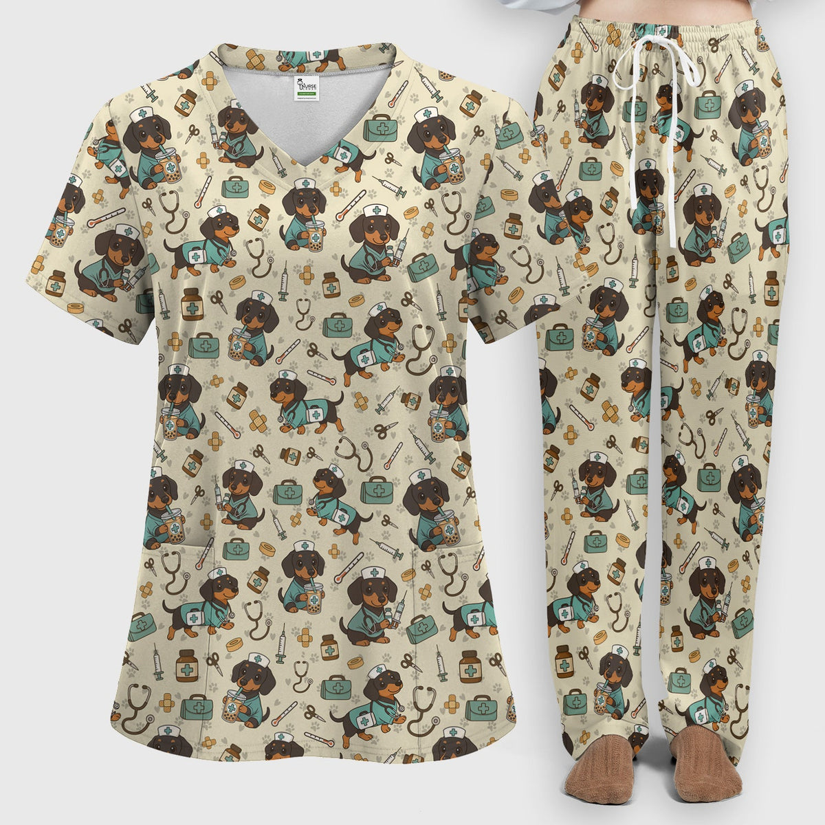Funny Dachshund Nurse Scrubs Set - Cute Dog Print Medical Shirt - Holiday Nurse Scrub Top Gift for RN CNA Doctor, Women & Men