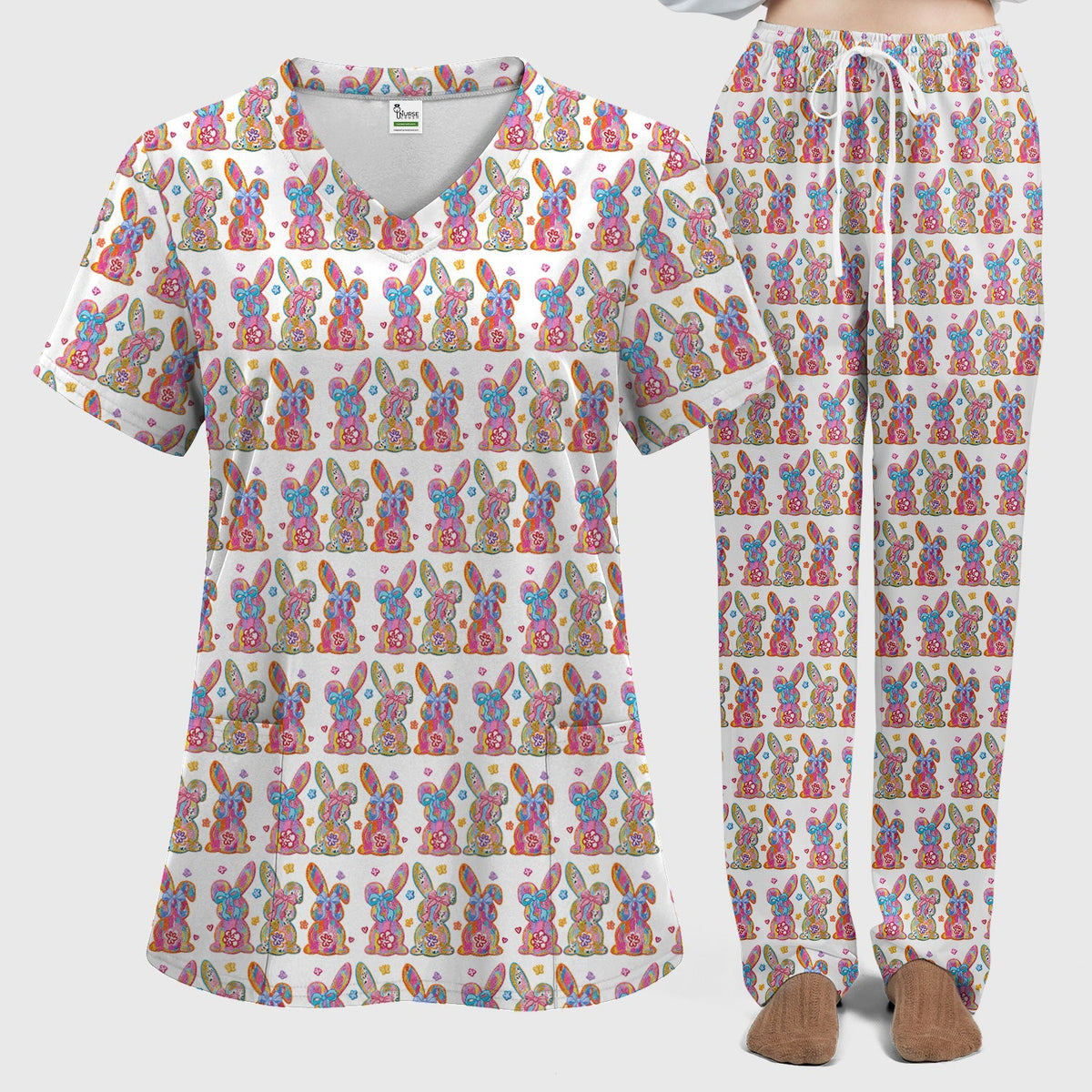 Pastel Bunny Floral Nurse Scrub Set