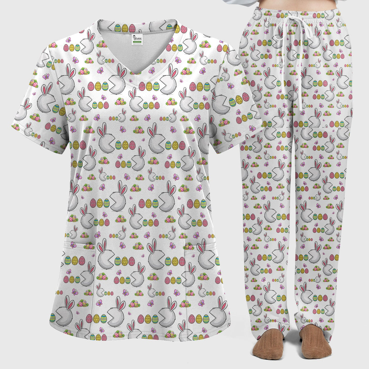 Bunny Colorful Eggs Nurse Scrub Set - Easter Gift