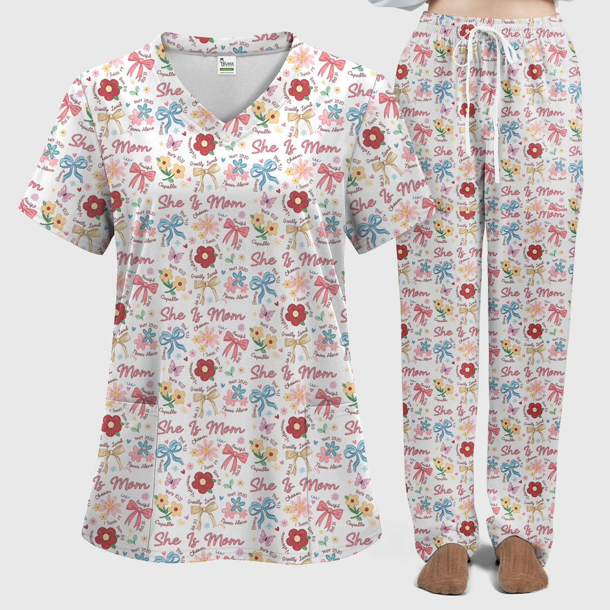 She Is Mom Flower Bow Nurse Scrub Set
