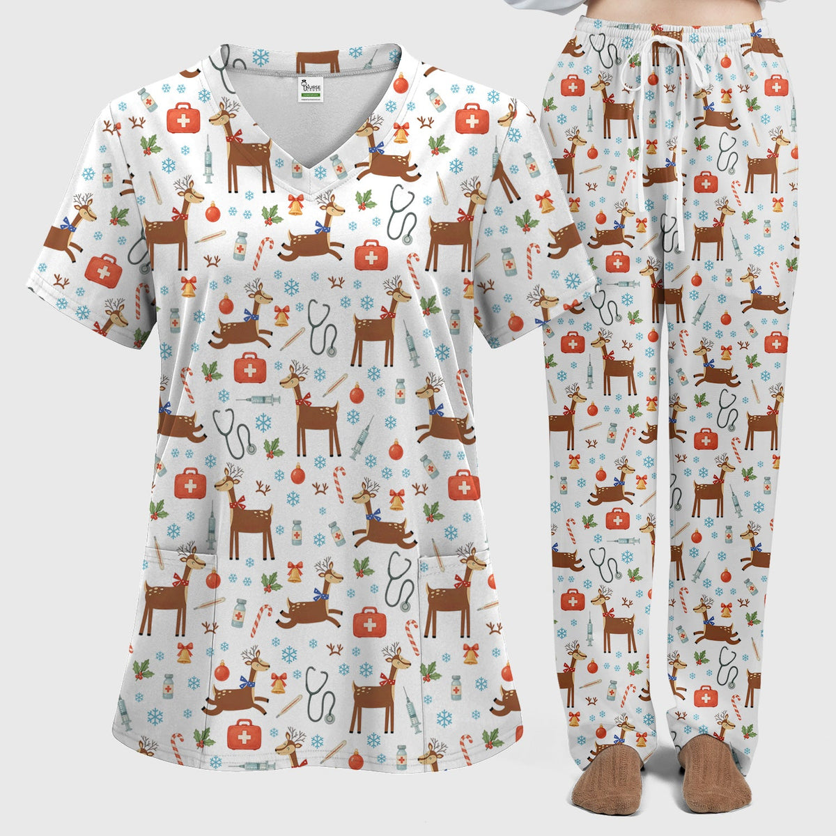 Christmas Reindeer Snowflakes Candy Cane Nurse Scrub Set