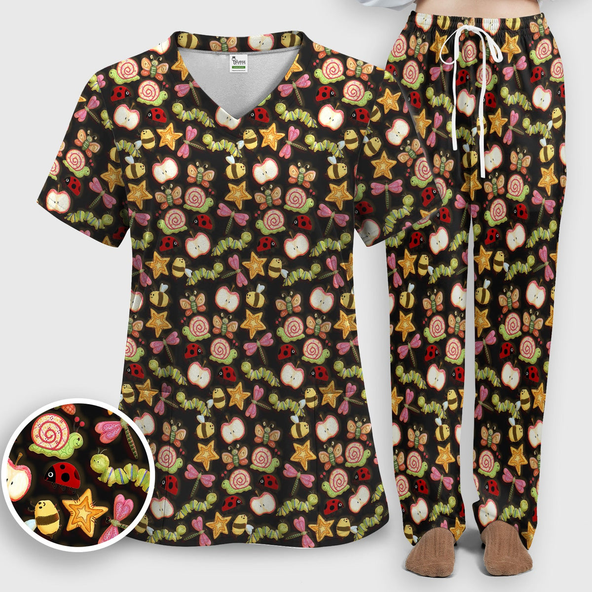 Snail Ladybug Caterpillar Apple Garden Nurse Scrub Set