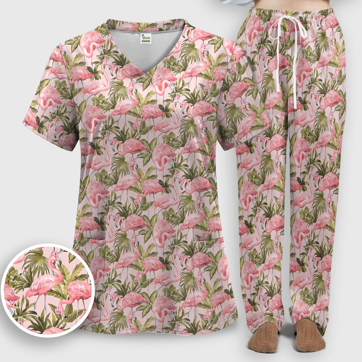 Pink Flamingo Jungle Leaves Nurse Scrub Set