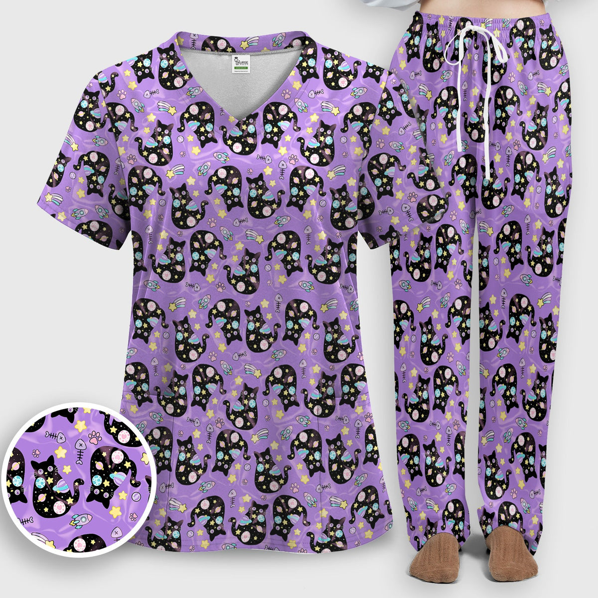Black Cat Galaxy Space Nurse Scrub Top