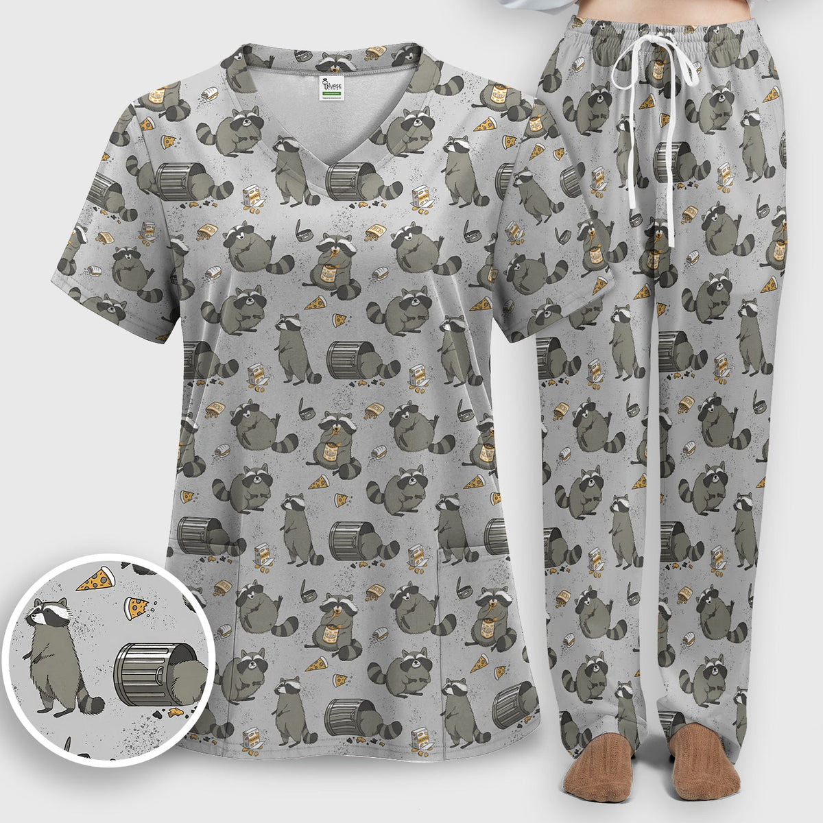 Raccoon Snack Trash Can Nurse Scrub Set