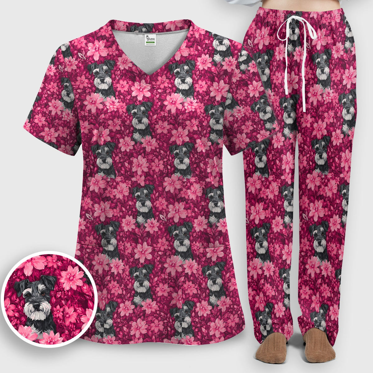 Pink Floral Schnauzer Nurse Scrub Set