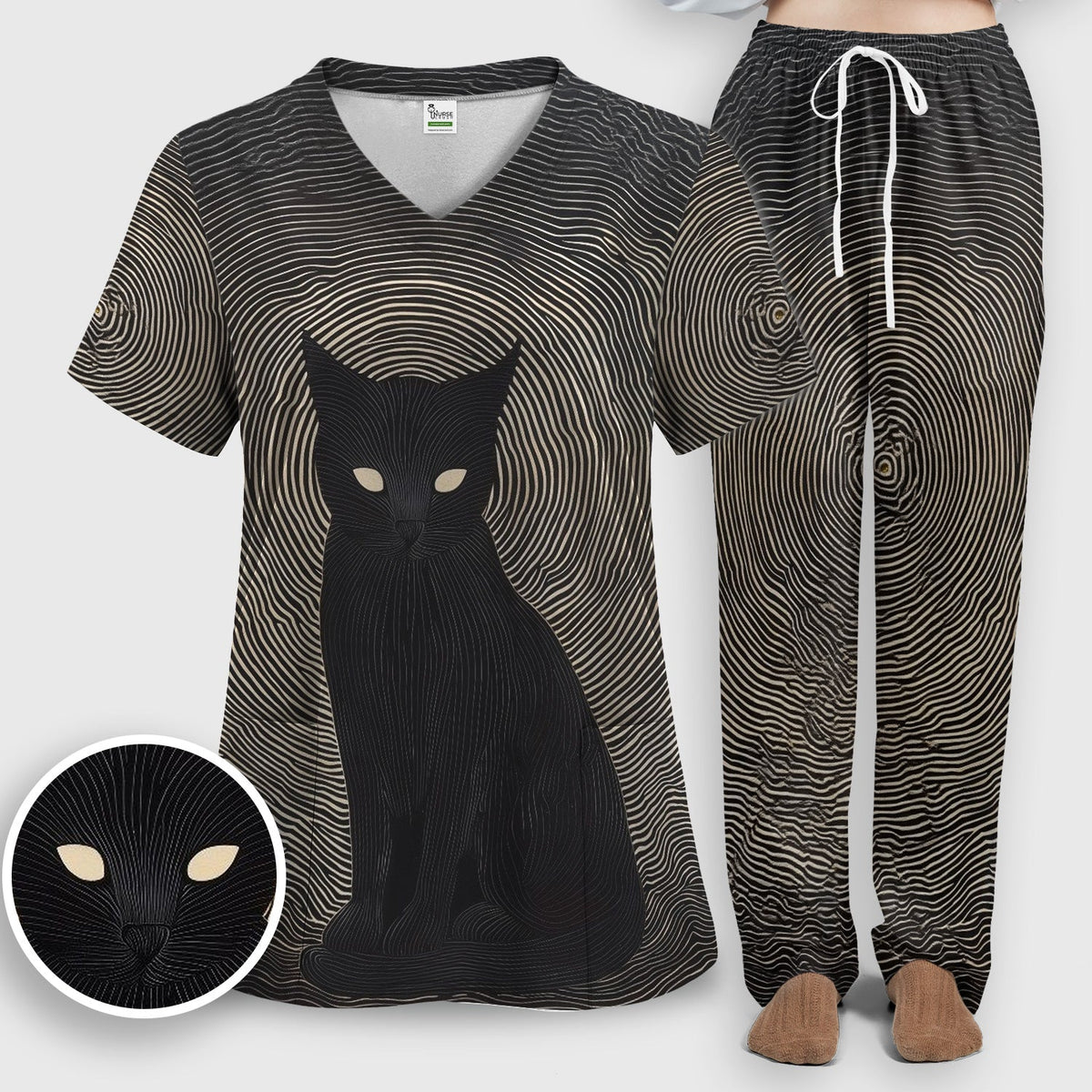 Black Cat Line Art Nurse Scrub Set