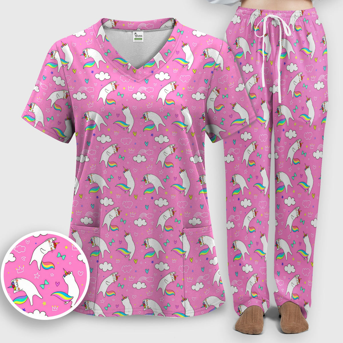 Unicorn Cat Rainbow Tail Clouds Nurse Scrub Set