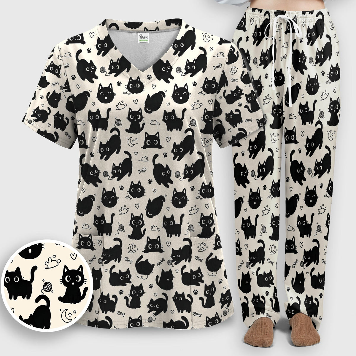 Playful Black Cat Nurse Scrub Set