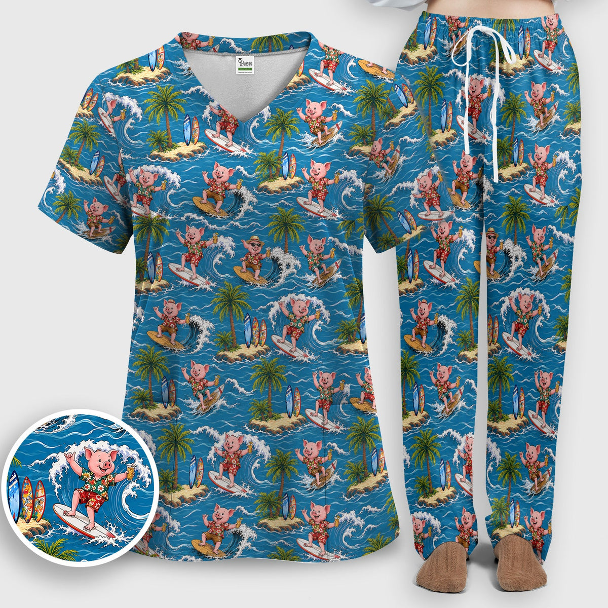 Tropical Surfing Pig Island Nurse Scrub Set