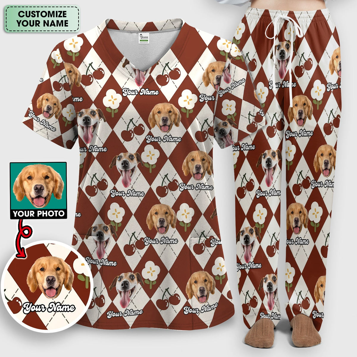 Dog Face Cherry Argyle Nurse Scrub Set