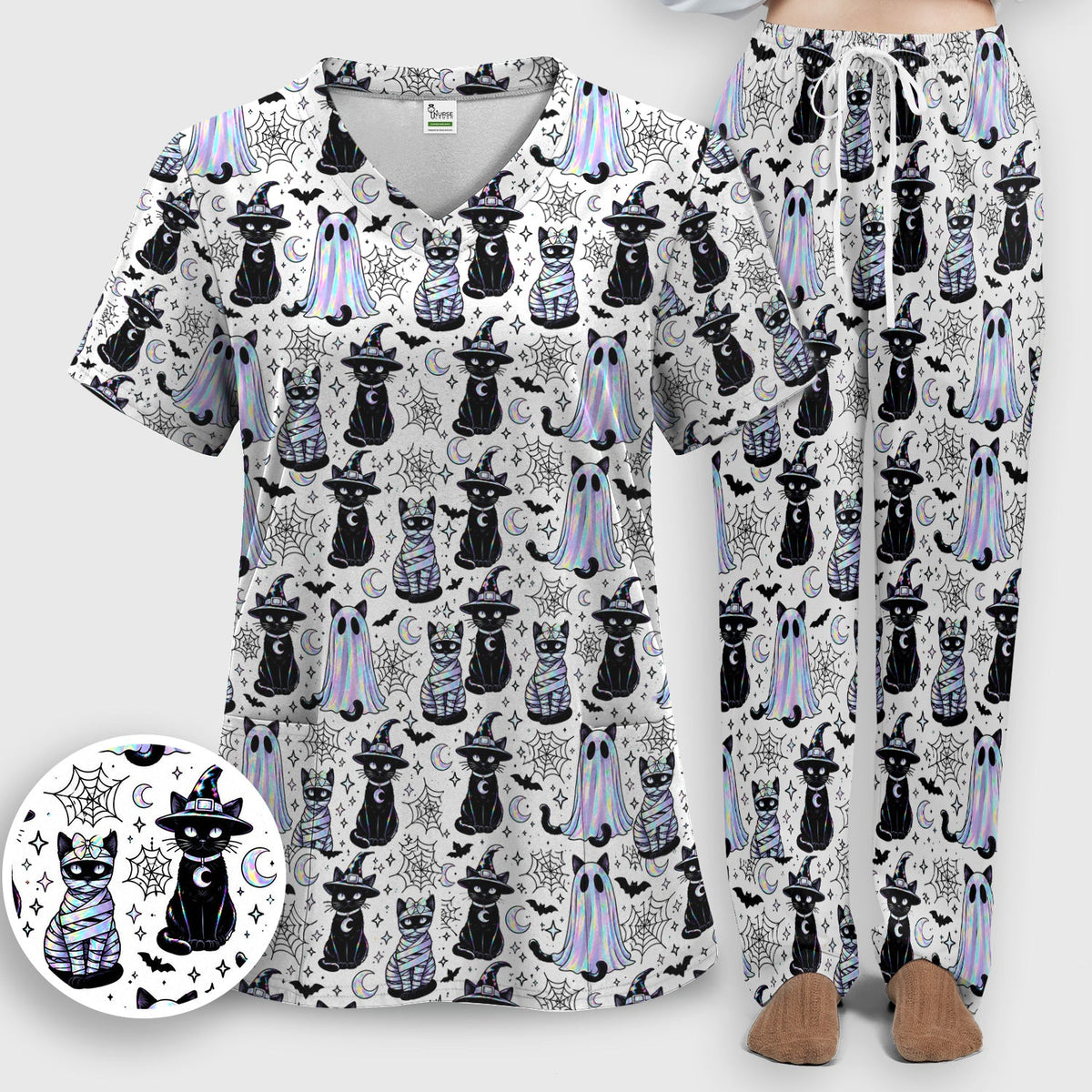 Ghost Witch Cat Nurse Scrub Set - Halloween Gift