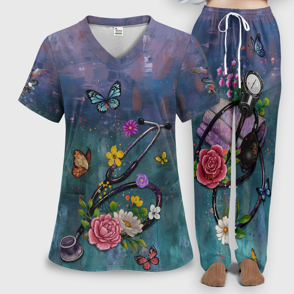 Floral Stethoscope Nurse Scrub Set