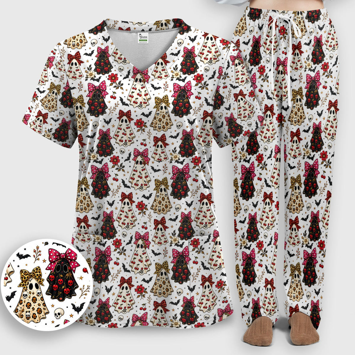 Spooky Ghost Pattern Nurse Scrub Set