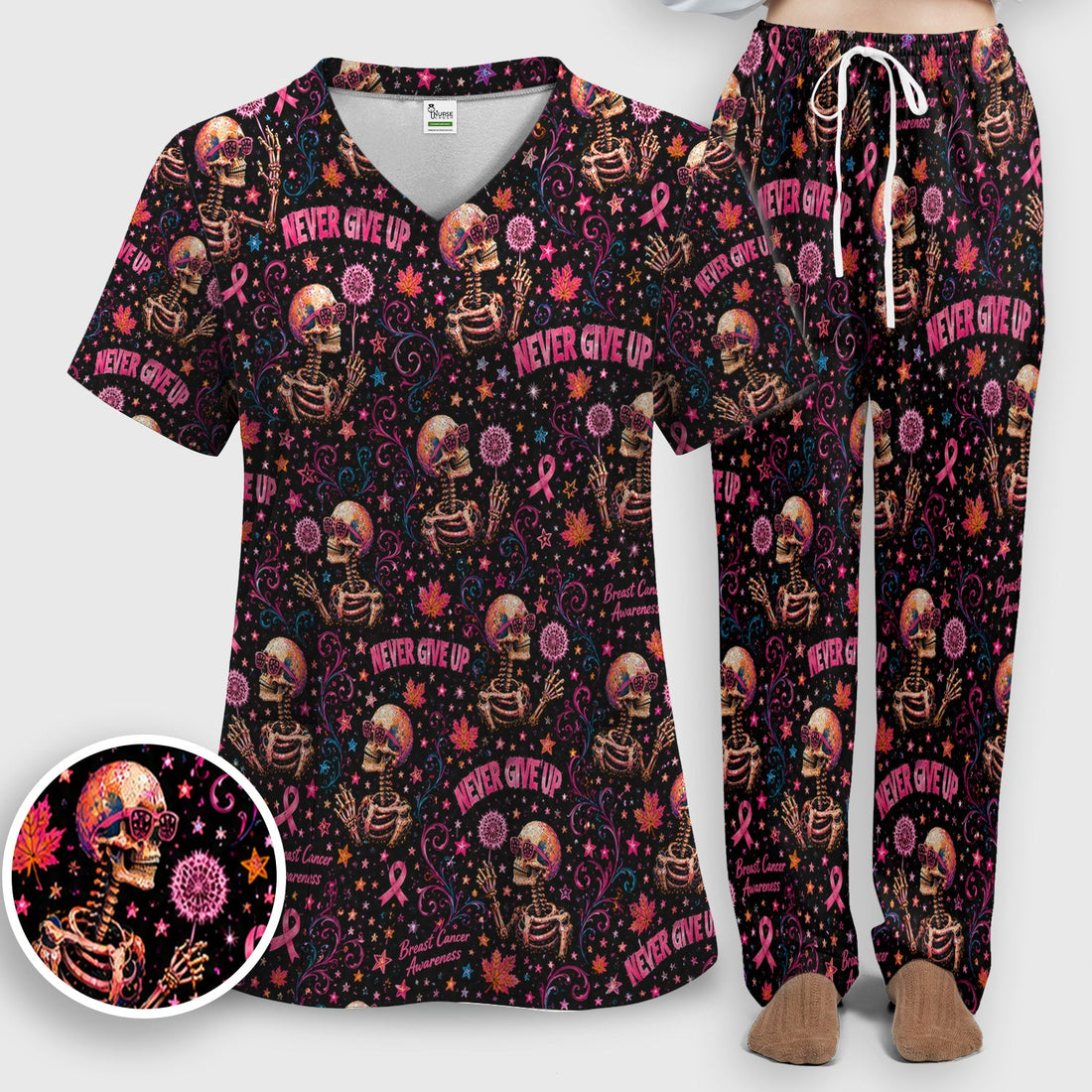 Breast Cancer Awareness Skeletons Nurse Scrub Set