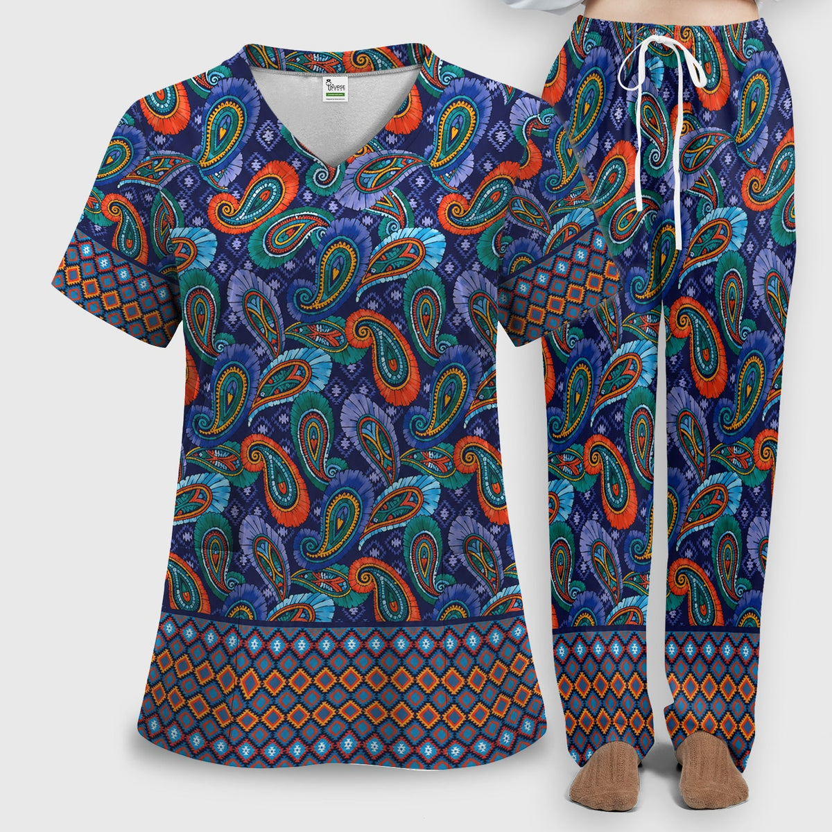 Colorful Paisley Geometric Border Nurse Scrub Set