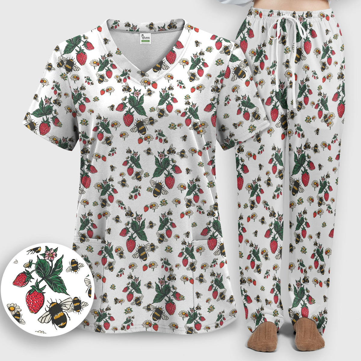 Strawberry Bee Daisy Nurse Scrub Set