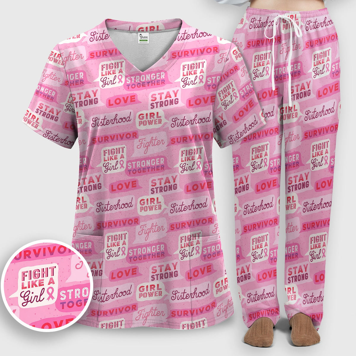 Pink Ribbon Quotes Nurse Scrub Set