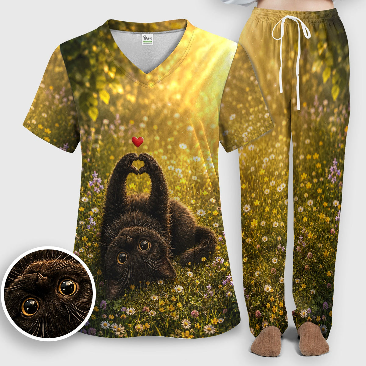 Upside Down Black Cat Meadow Nurse Scrub Set