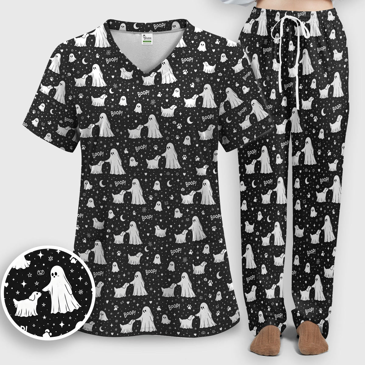 Ghost Boop Dog Nurse Scrub Set - Halloween Gift