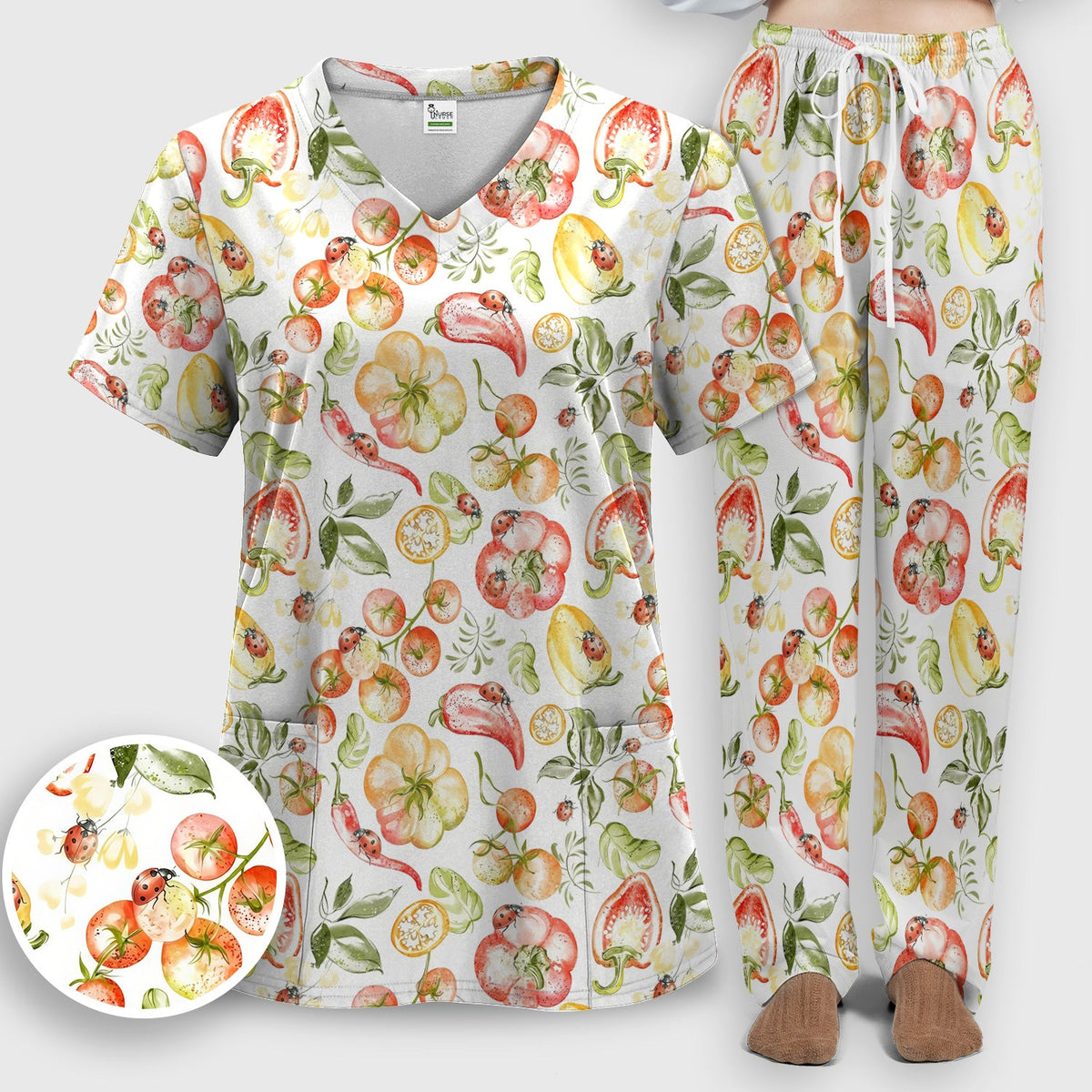 Watercolor Veggie Ladybug Nurse Scrub Set