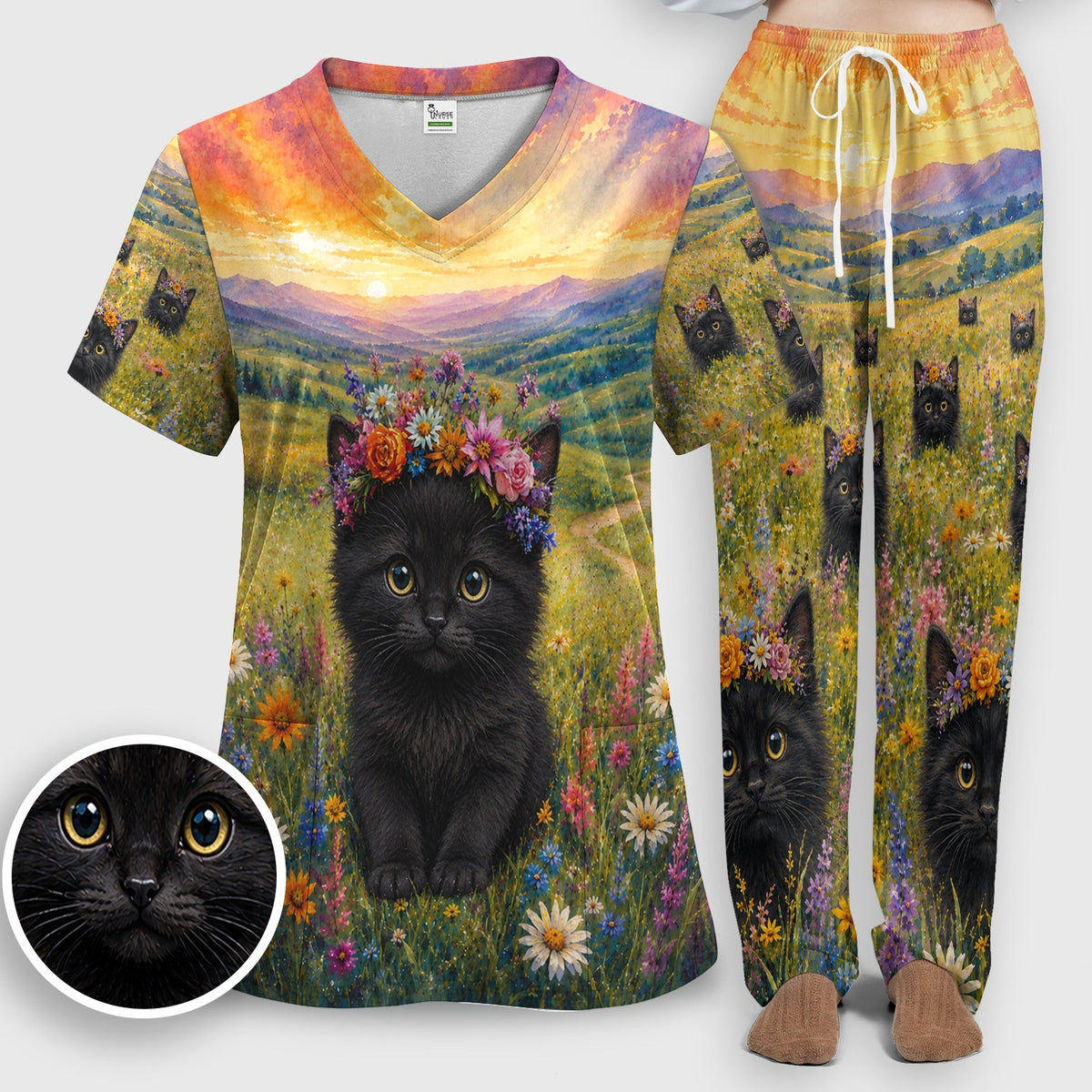 Black Kitten Flower Meadow Nurse Scrub Set