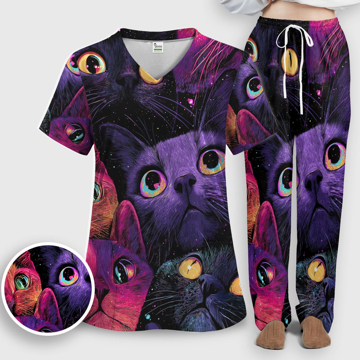 Colorful Neon Cat Faces Nurse Scrub Set
