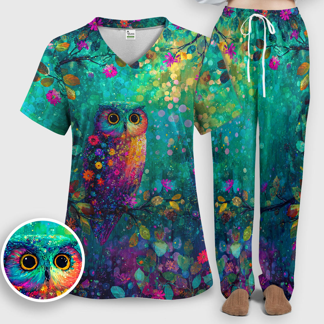 Vibrant Neon Owl Colorful Forest Nurse Scrub Set