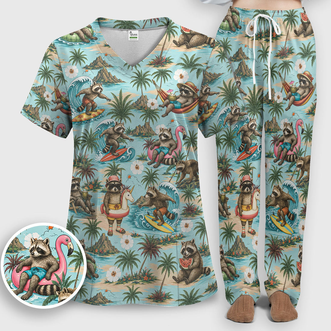 Tropical Raccoon Surfing Island Beach Nurse Scrub Set