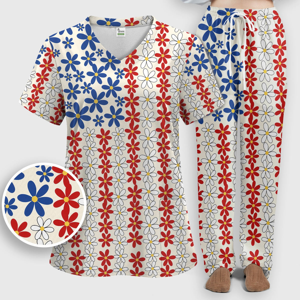Retro Red Blue Daisy Nurse Scrub Set