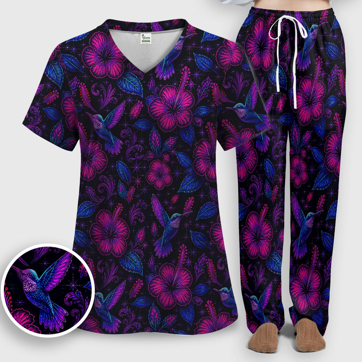 Tropical Hummingbird Hibiscus Floral Nurse Scrub Set
