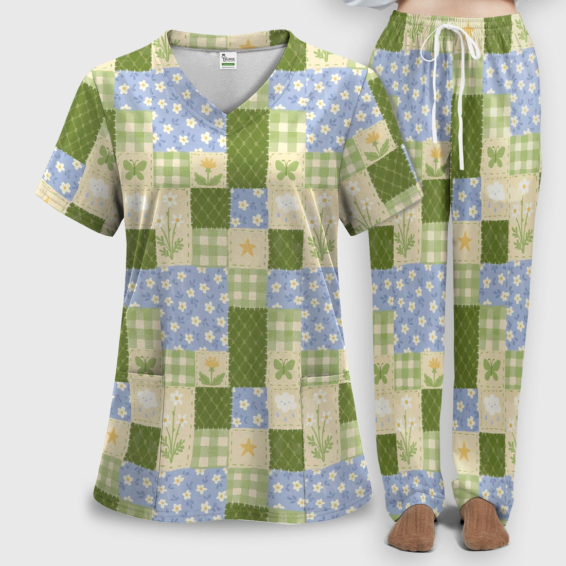 Green Patchwork Clover Floral Nurse Scrub Set