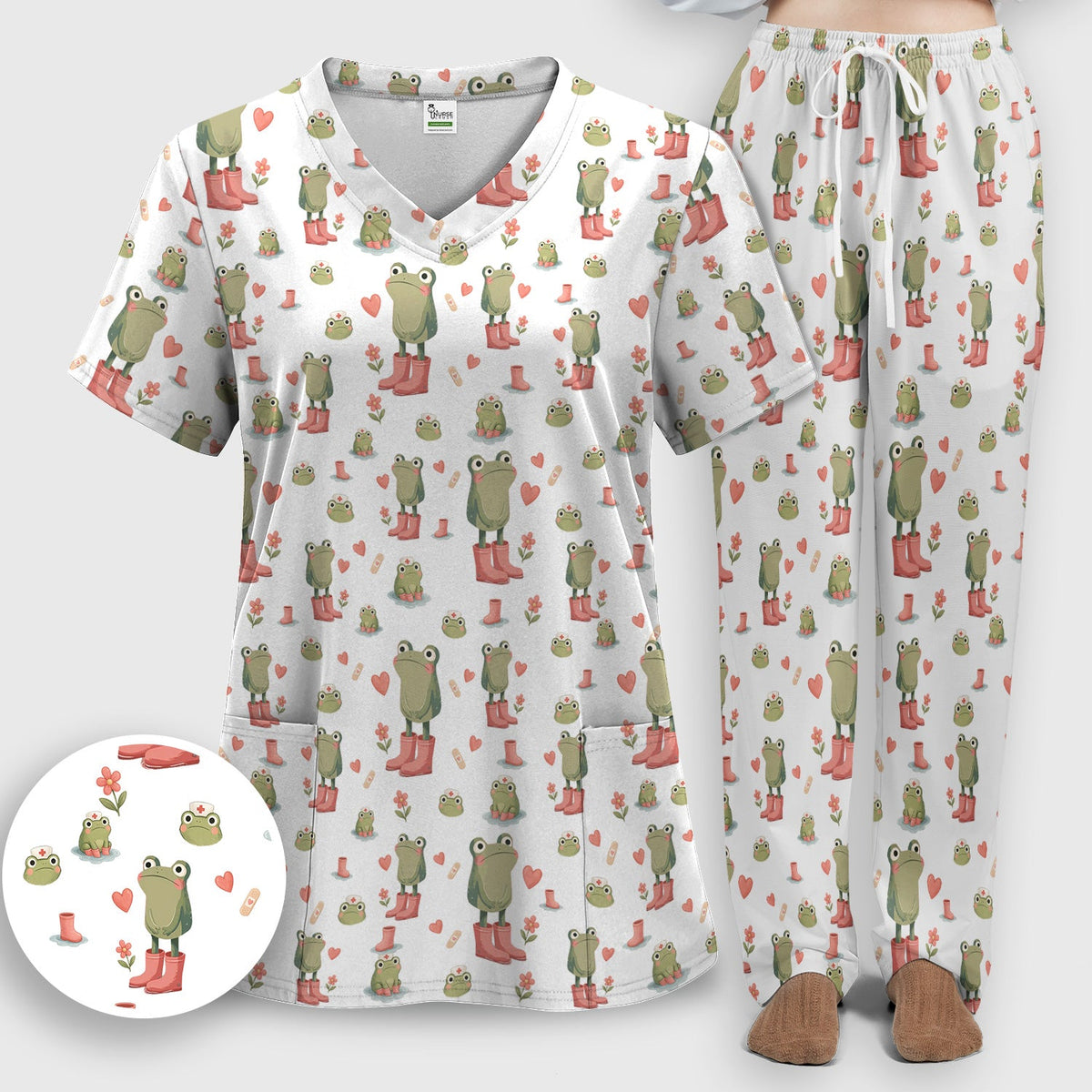 Adorable Frog Boots Heart Nurse Scrub Set
