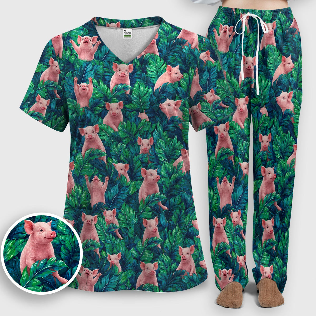 Piglet Jungle Leaves Nurse Scrub Set
