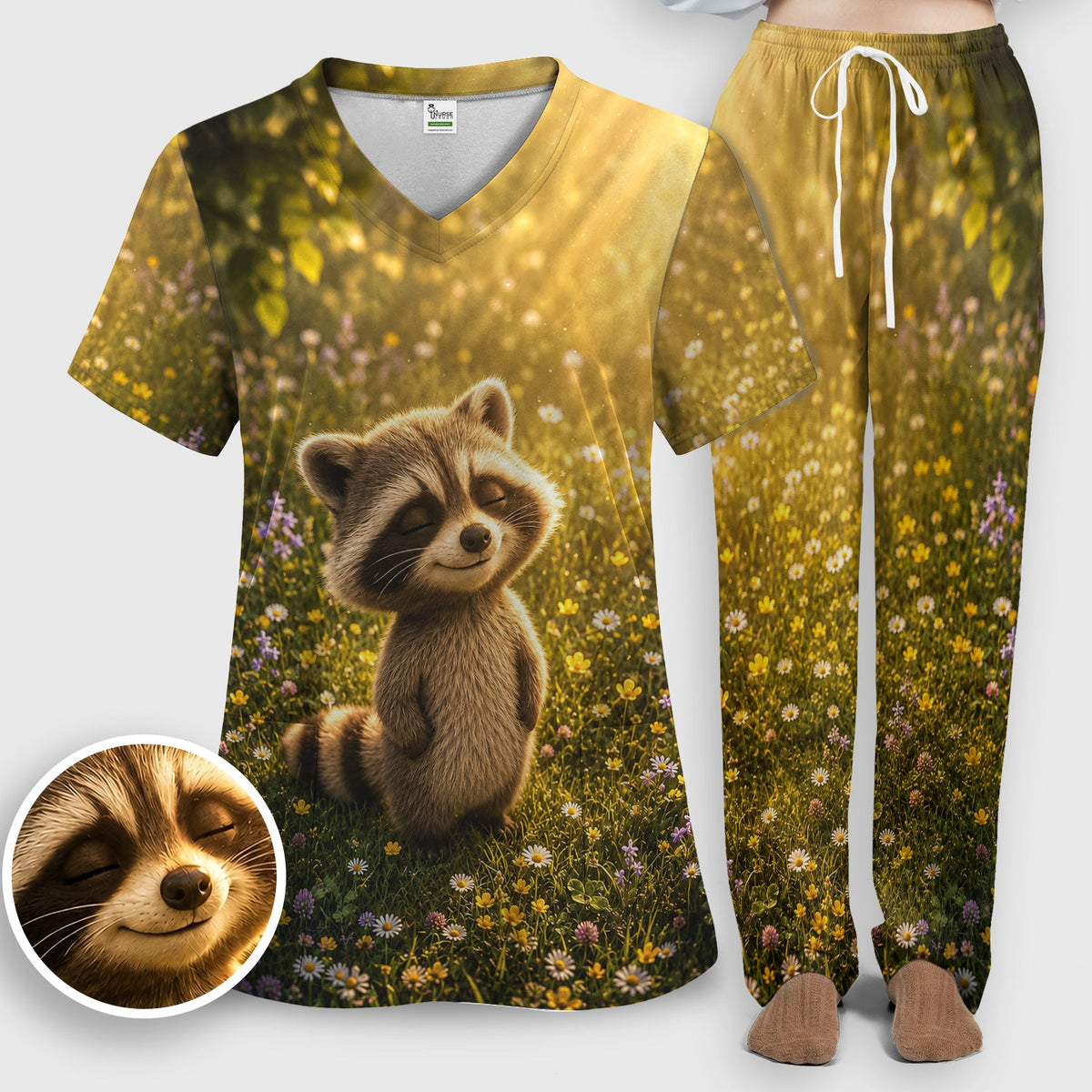 Smiling Raccoon Meadow Flower Nurse Scrub Set