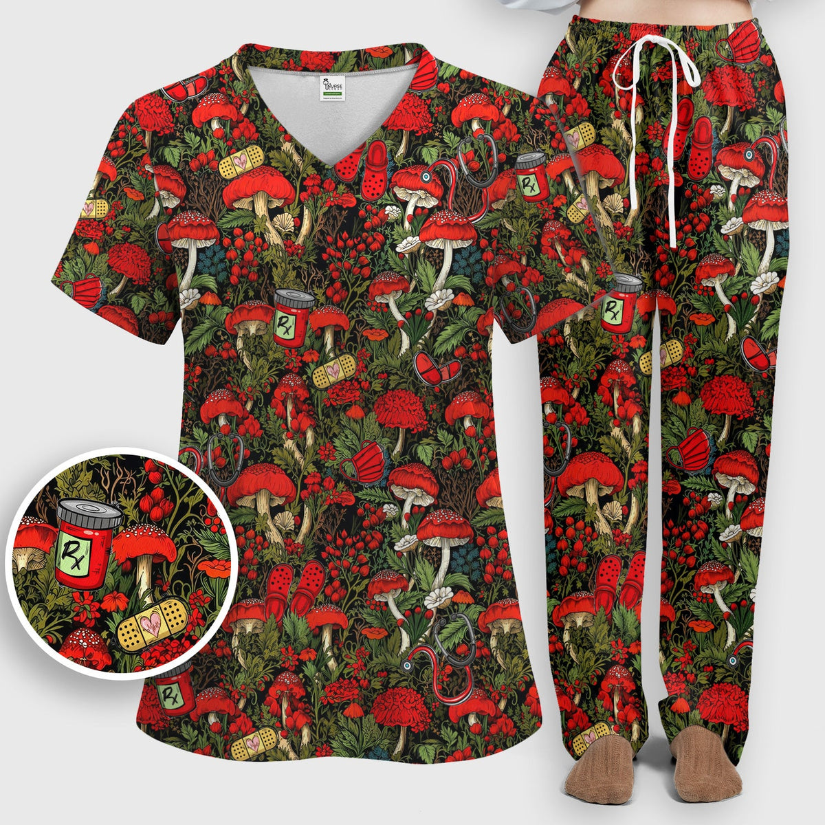 Red Mushroom Forest Nurse Scrub Set
