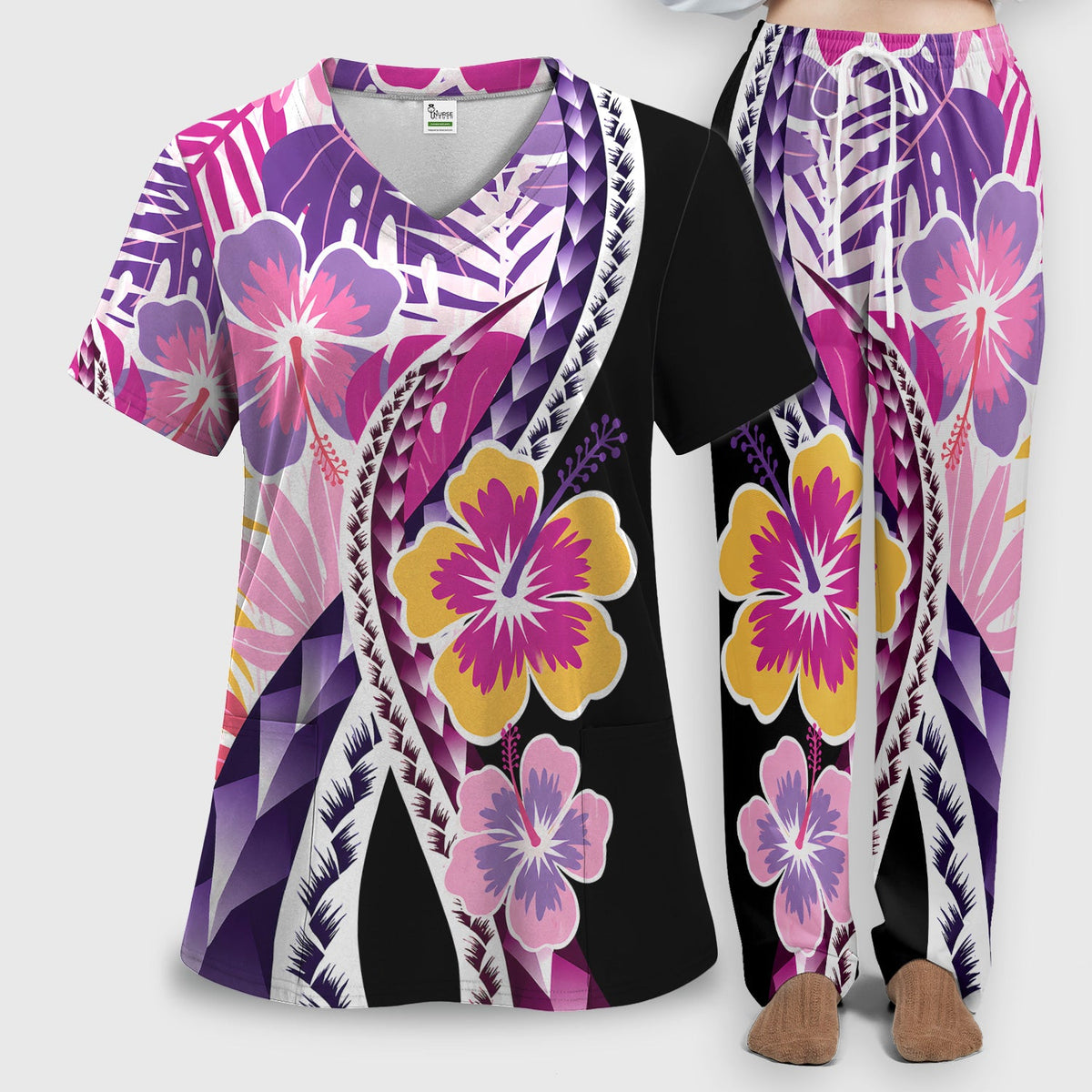 Tropical Hibiscus Leaf Nurse Scrub Set