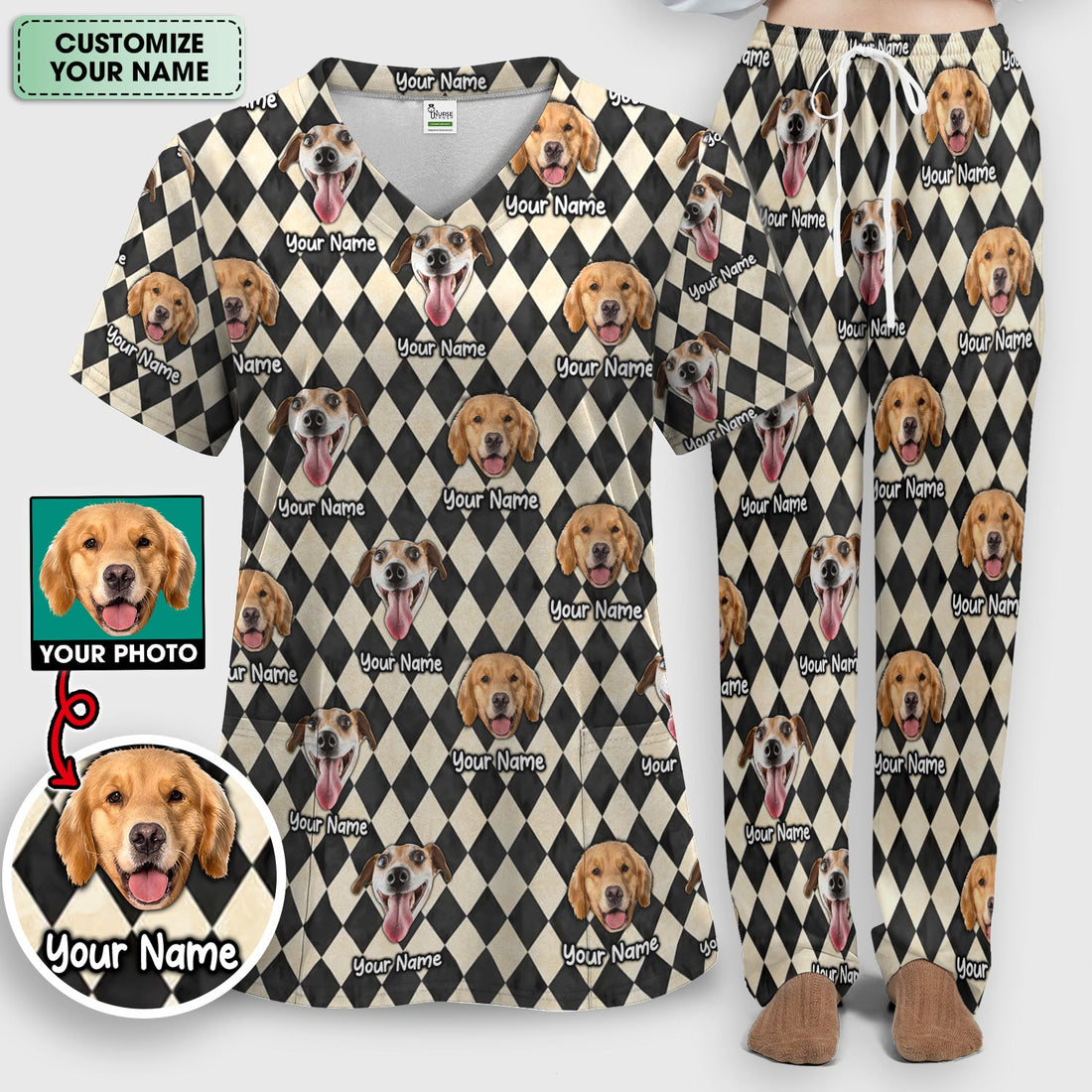 Personalized Pet Portrait Argyle Nurse Scrub Set