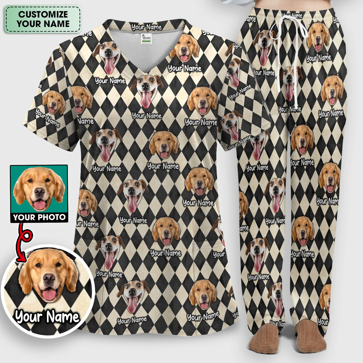 Personalized Pet Portrait Argyle Nurse Scrub Set