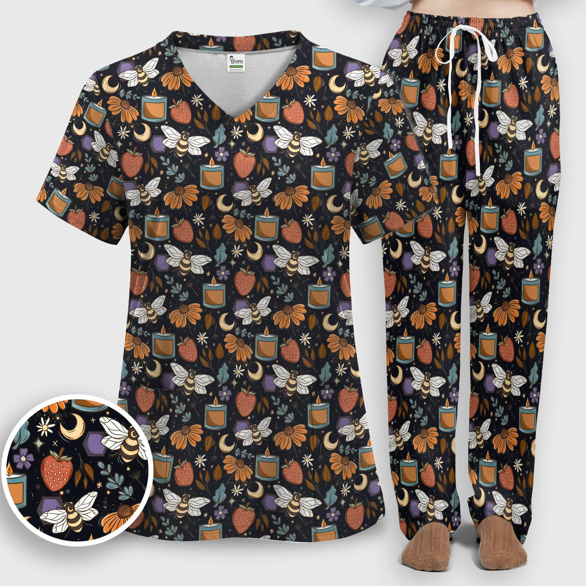Bee Strawberry Floral Candle Nurse Scrub Set
