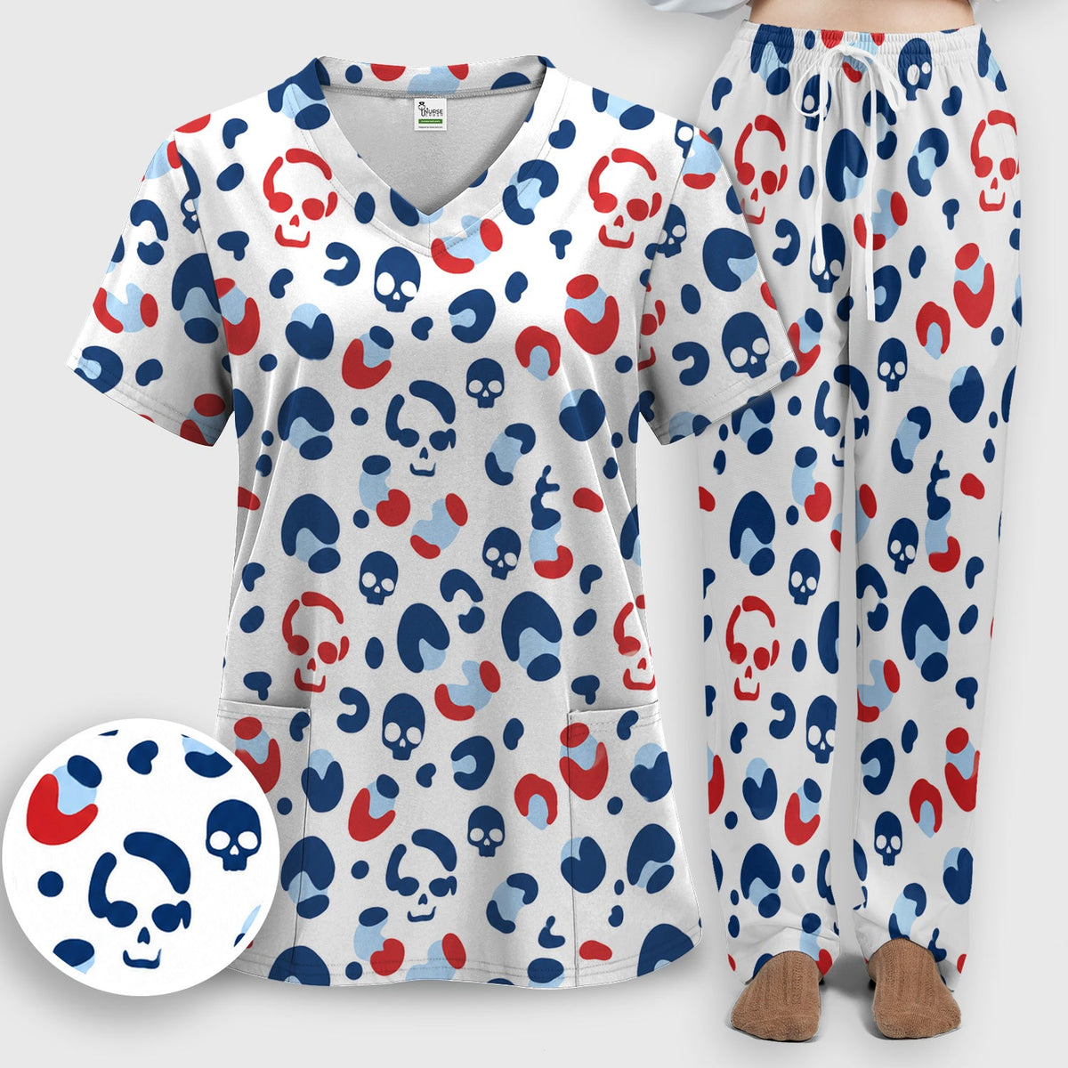 Red Blue Skull Leopard Nurse Scrub Set