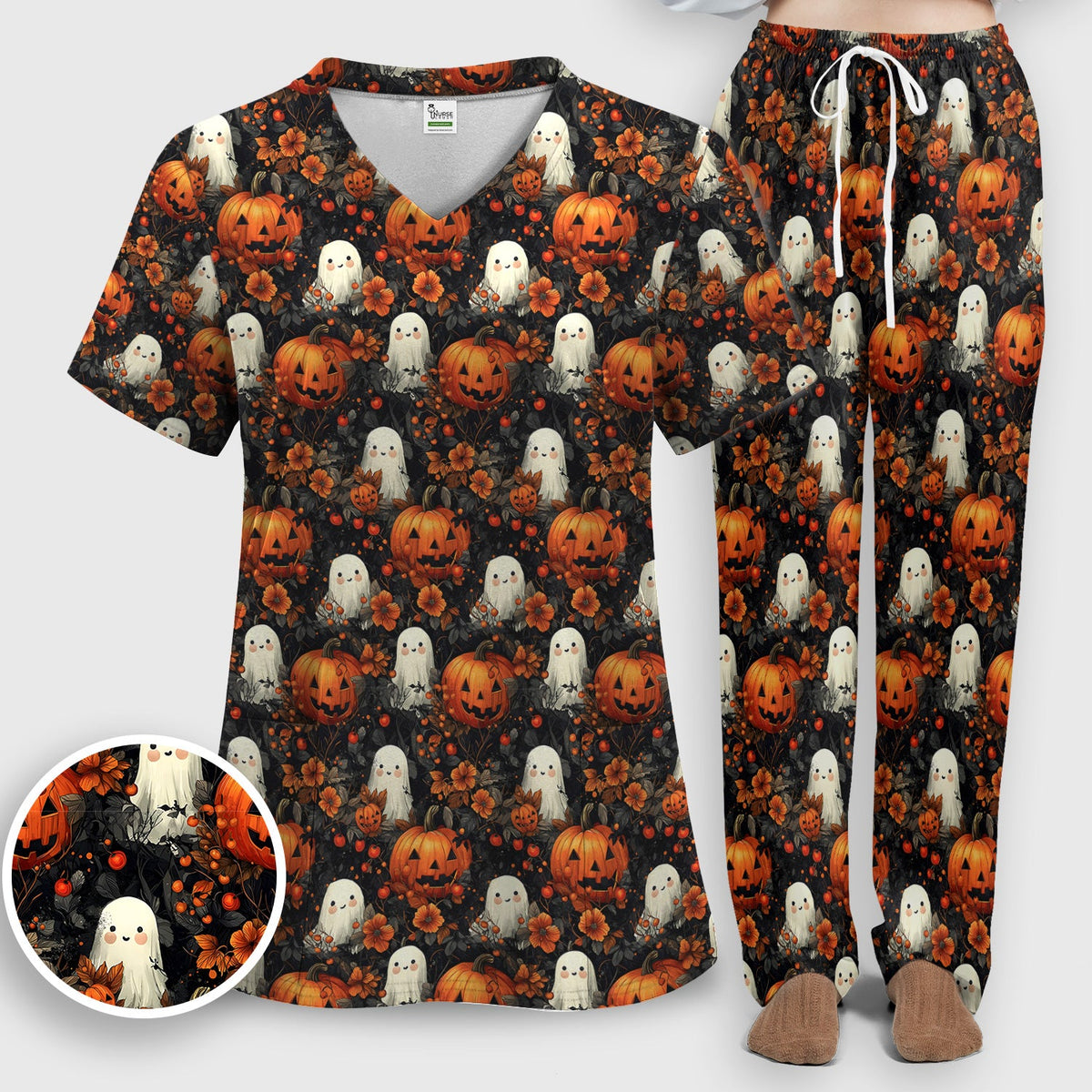 Spooky Ghost Pumpkin Nurse Scrub Set