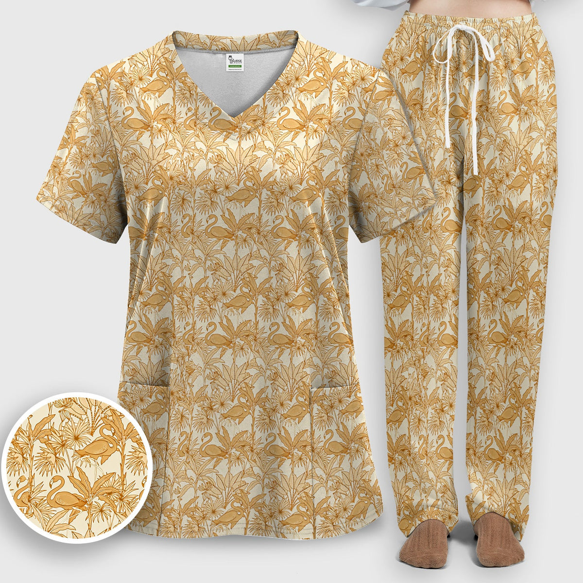 Tropical Flamingo Palm Leaves Nurse Scrub Set