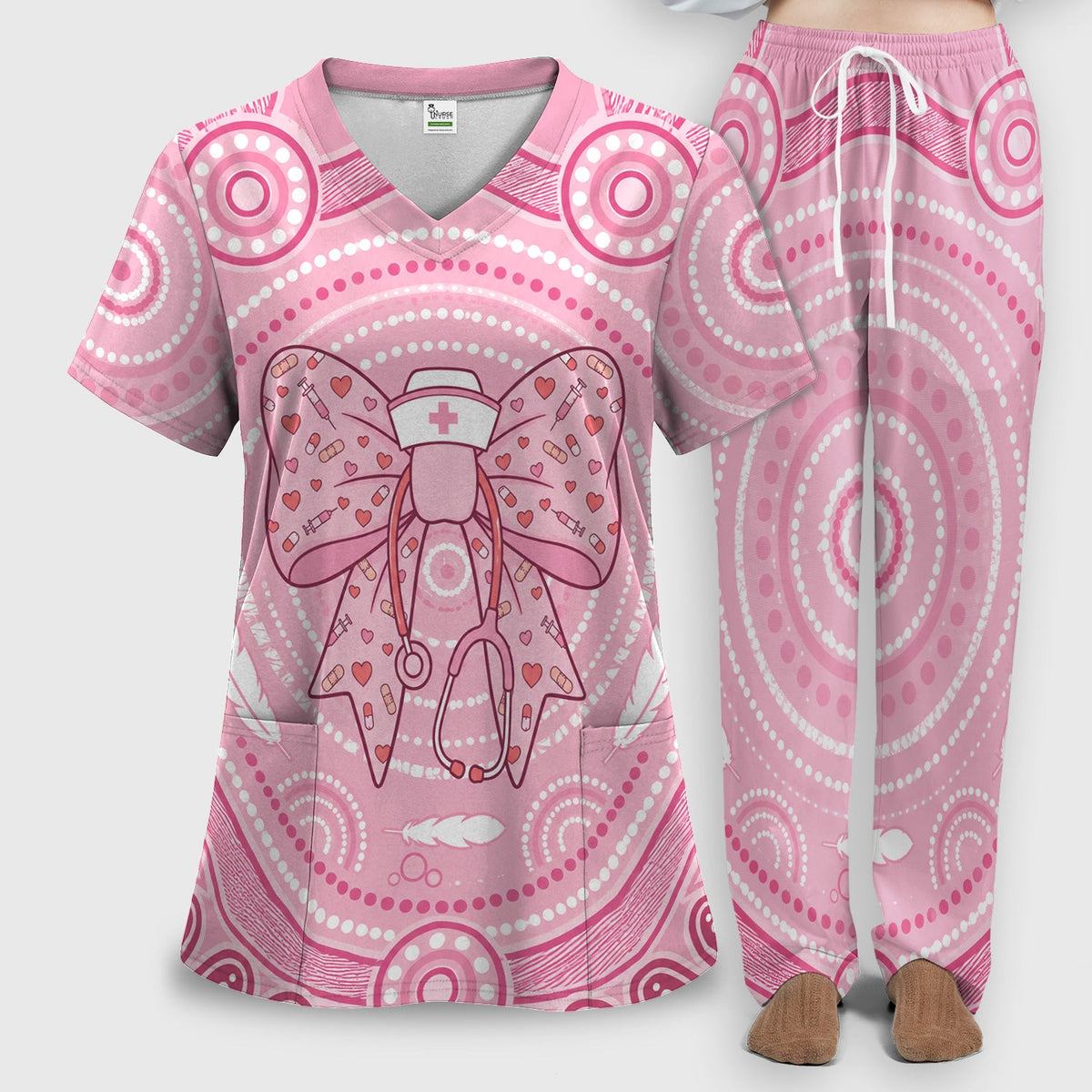 Pink Nurse Bow Stethoscope Scrub Set