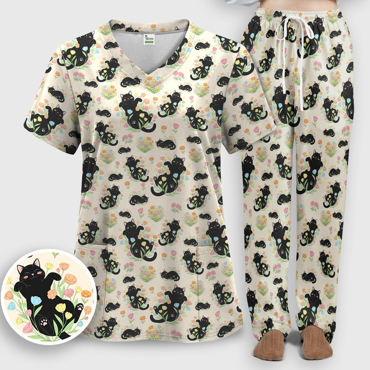 Cats Cute Poses Floral Nurse Scrub Set