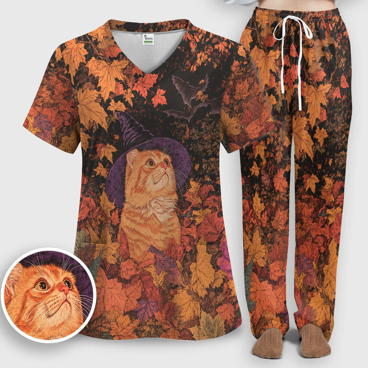 Autumn Cat Fall Leaves Nurse Scrub Set